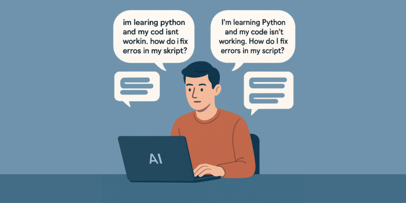 Illustration of a person at a laptop with two speech bubbles showing prompts: one messy with typos asking about Python code, and one clean, polished version. Below each bubble are AI response boxes, with the clean side more structured and clear.
