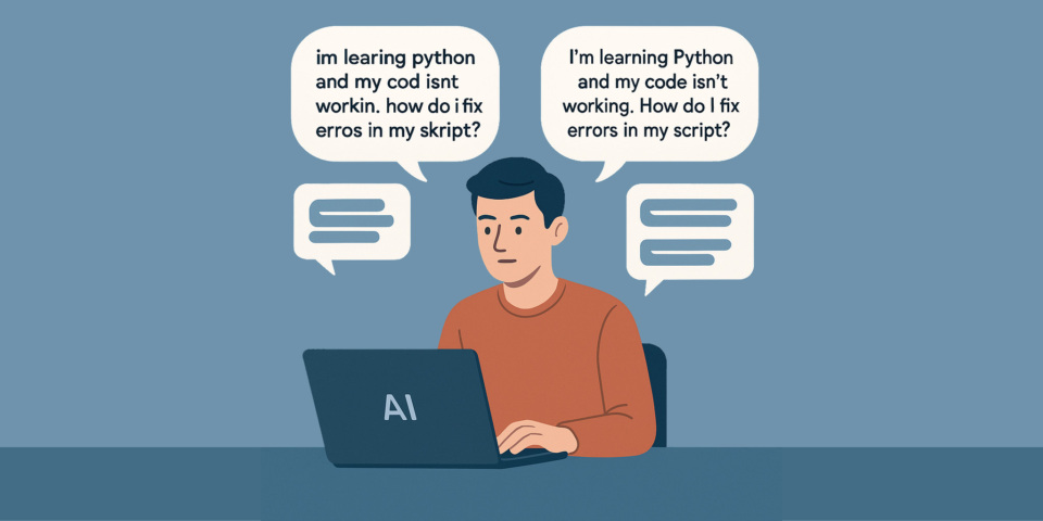 Illustration of a person at a laptop with two speech bubbles showing prompts: one messy with typos asking about Python code, and one clean, polished version. Below each bubble are AI response boxes, with the clean side more structured and clear.